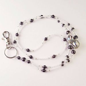 Handmade Beaded Lanyard~Black & White Swirl.